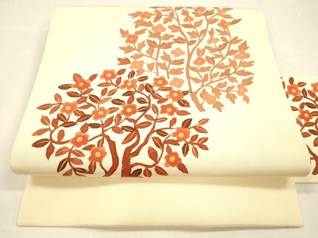 平和屋着物 塩瀬 九寸名古屋帯 ろうけつ染め 枝花文 金彩 正絹 cm