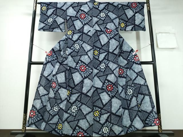 平和屋着物∴夏物 浴衣 有松鳴海絞り 切嵌花文 綿 ng