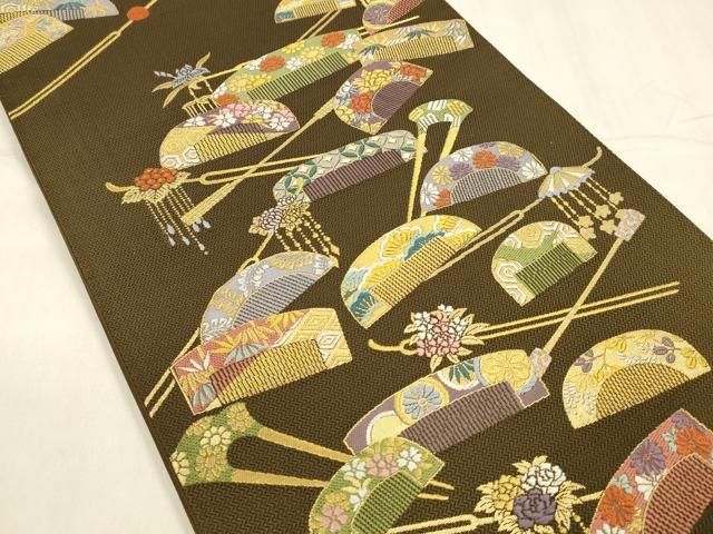 平和屋着物 六通柄袋帯 草花文 櫛 簪 金糸 正絹 cm