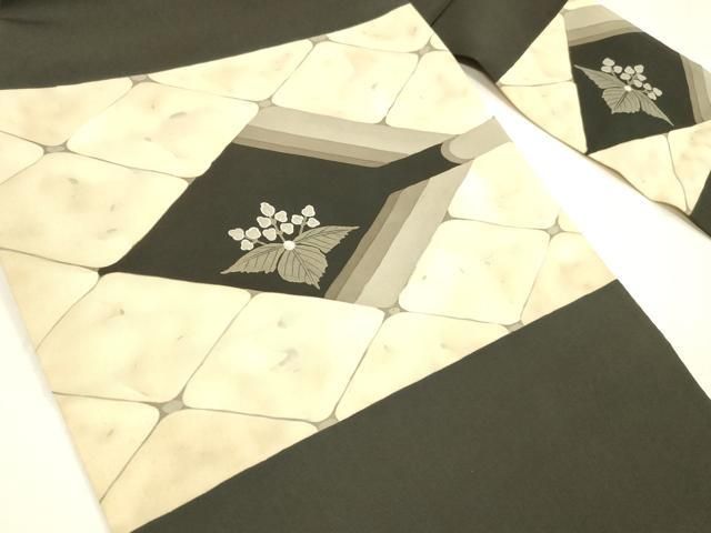 平和屋着物 塩瀬 九寸名古屋帯 草花文 黒地 銀彩 正絹 cm
