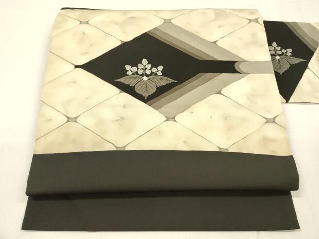 平和屋着物 塩瀬 九寸名古屋帯 草花文 黒地 銀彩 正絹 cm
