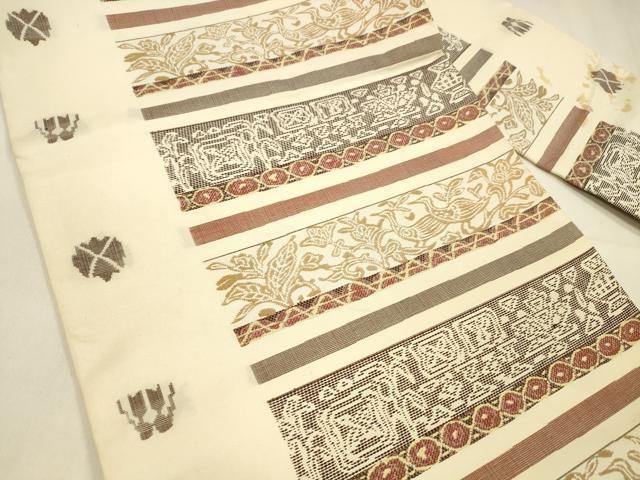 平和屋着物 九寸名古屋帯 横段群鳥草葉文 正絹 cm