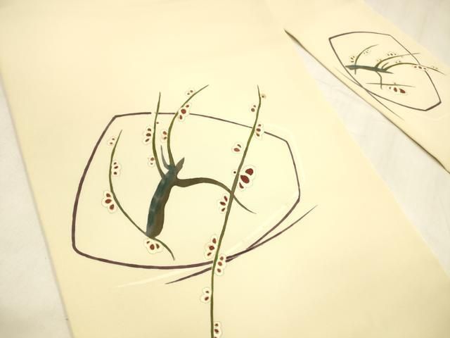 平和屋着物 塩瀬 九寸名古屋帯 刺繍 枝花文 金彩 正絹 cm