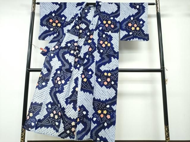 平和屋着物∴夏物 浴衣 有松鳴海絞り 流水花束文 綿 ng