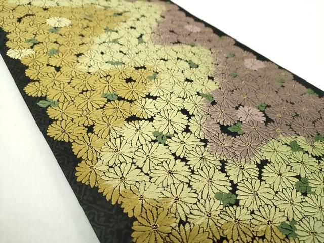 平和屋着物 全通柄袋帯 唐織 菊尽くし 黒地 金糸 正絹 ps