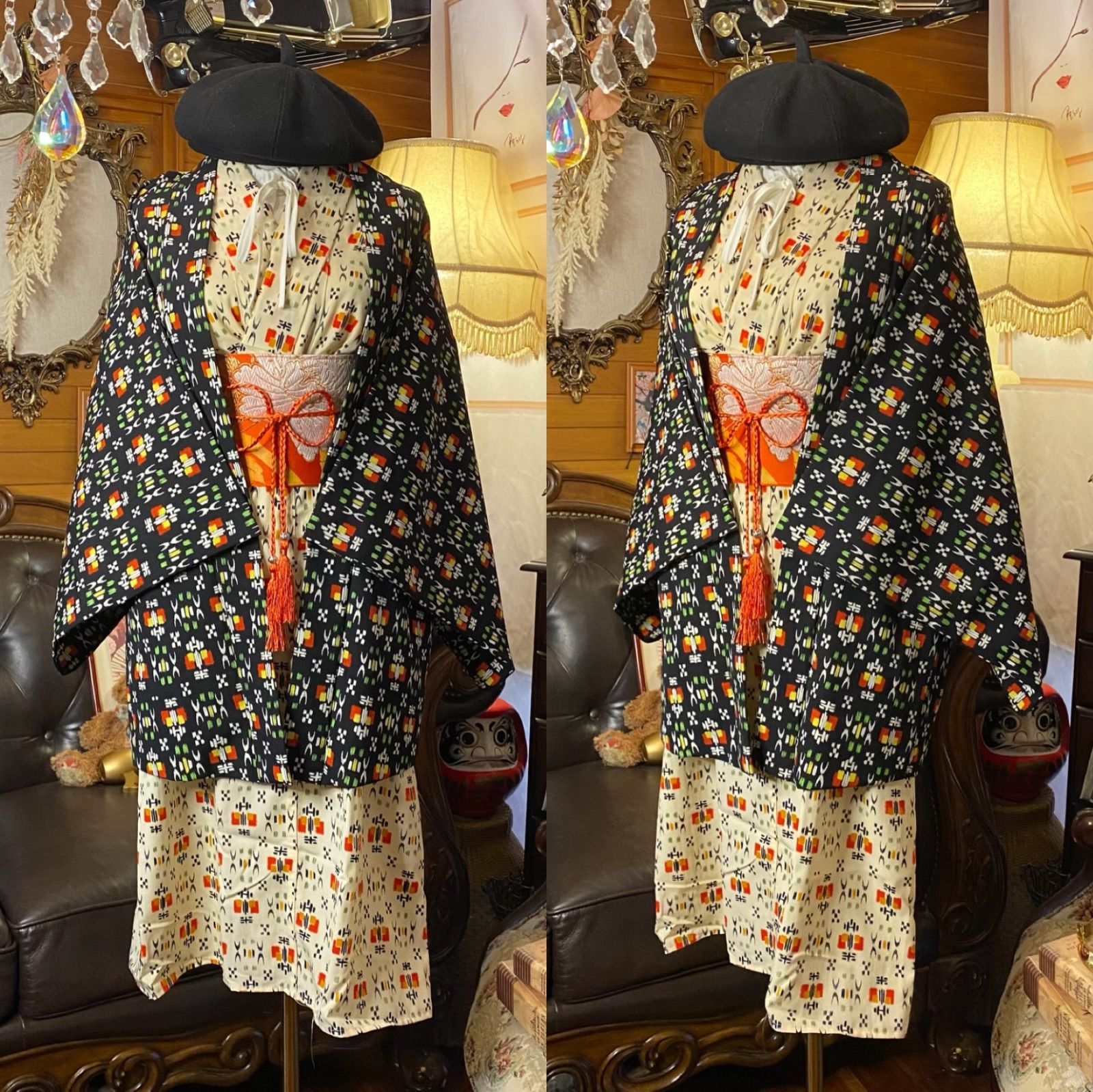 和洋折衷ワンピース 着物アンサンブル 名古屋帯サッシュベルト付き ハンドメイド レトロ 古着 遊び心あふれるレトロな柄 aKW-121