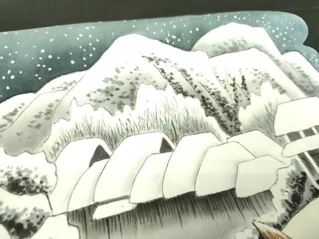  平和屋着物 塩瀬 九寸名古屋帯 手描き 雪景色 黒地 正絹 ps 名古屋帯 帯