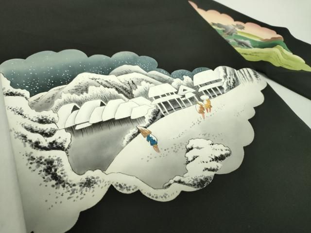 平和屋着物 塩瀬 九寸名古屋帯 手描き 雪景色 黒地 正絹 ps