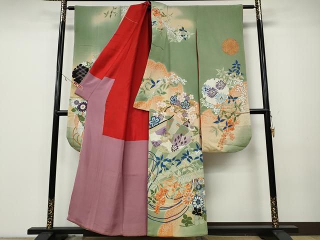 平和屋着物 アンティーク 大正ロマン 振袖 刺繍 几帳草花尽くし 金銀彩 正絹 ut