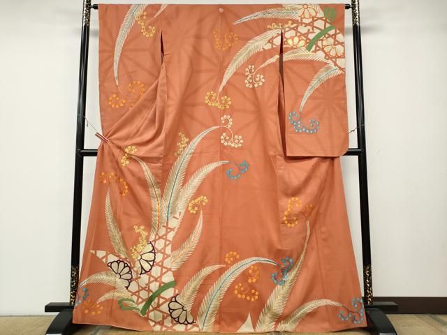 平和屋着物●アンティーク　大正ロマン　小振袖　駒刺繍　吉祥草花文　金彩　正絹　逸品　CABB6003ut 平和屋着物○アンティーク 大正ロマン 小振袖 駒刺繍 吉祥草花文 金彩