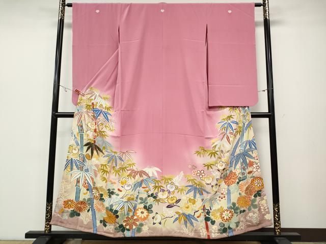 平和屋着物 アンティーク 大正ロマン 色留袖 駒刺繍 笹竹花文 暈し染め 金彩 正絹 ut