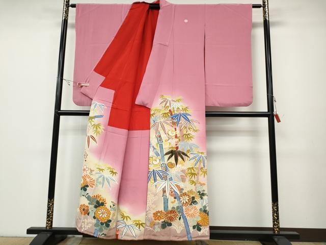 平和屋着物 アンティーク 大正ロマン 色留袖 駒刺繍 笹竹花文 暈し染め 金彩 正絹 ut