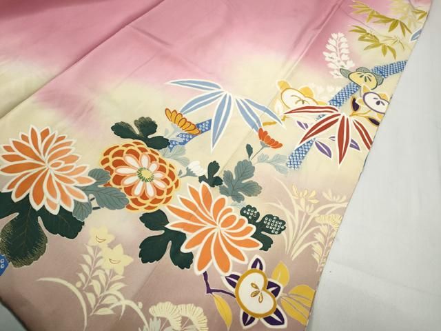 平和屋着物●アンティーク　大正ロマン　色留袖　駒刺繍　笹竹花文　暈し染め　金彩　正絹　逸品　CABB6006ut 平和屋着物○アンティーク 大正ロマン 色留袖 駒刺繍 笹竹花文 暈し