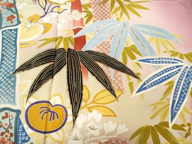 平和屋着物●アンティーク　大正ロマン　色留袖　駒刺繍　笹竹花文　暈し染め　金彩　正絹　逸品　CABB6006ut 平和屋着物○アンティーク 大正ロマン 色留袖 駒刺繍 笹竹花文 暈し