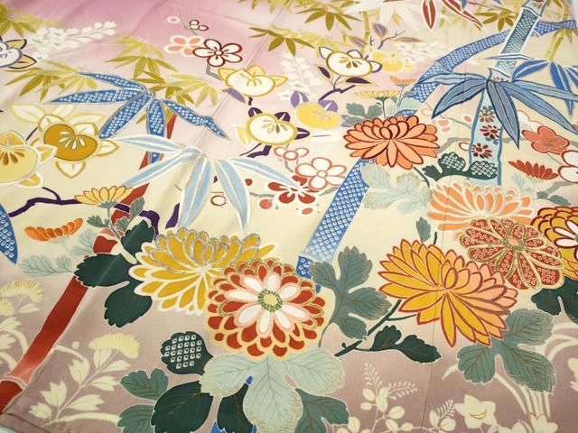 平和屋着物○アンティーク 大正ロマン 色留袖 駒刺繍 笹竹花文 暈し