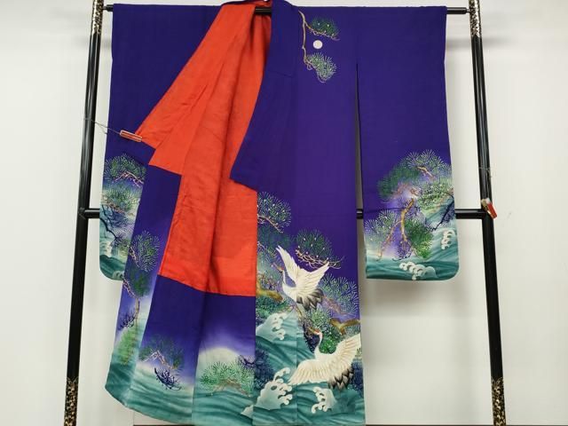 平和屋着物 アンティーク 大正ロマン 振袖 手描き 刺繍 立波飛鶴松文 正絹 ut