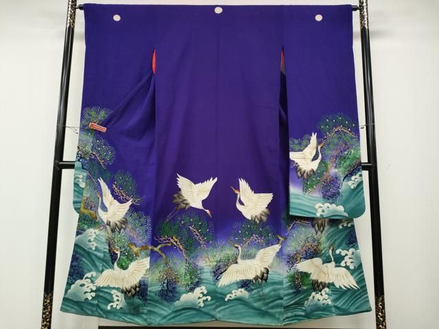 平和屋着物 アンティーク 大正ロマン 振袖 手描き 刺繍 立波飛鶴松文 正絹 ut