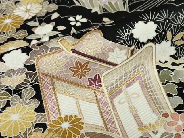 平和屋着物○訪問着 流水御所車草花文 黒地 金彩 正絹 逸品 DAAZ7653ud