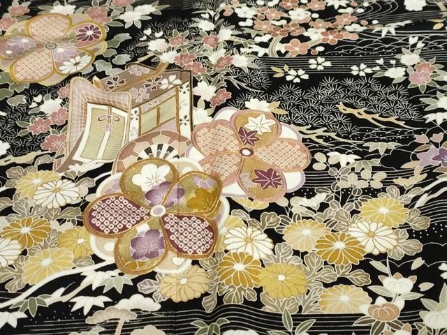 平和屋着物●訪問着　流水御所車草花文　黒地　金彩　正絹　逸品　DAAZ7653ud 平和屋着物○訪問着 流水御所車草花文 黒地 金彩 正絹 逸品 DAAZ7653ud