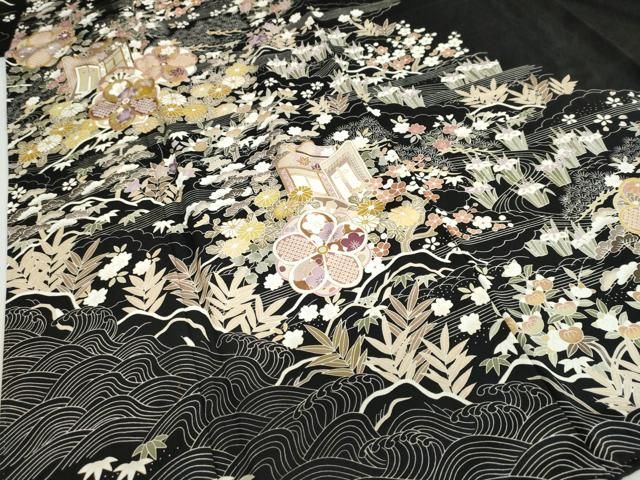 平和屋着物●訪問着　流水御所車草花文　黒地　金彩　正絹　逸品　DAAZ7653ud 平和屋着物○訪問着 流水御所車草花文 黒地 金彩 正絹 逸品 DAAZ7653ud