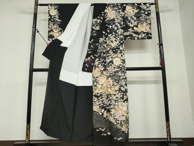 平和屋着物○訪問着 流水御所車草花文 黒地 金彩 正絹 逸品 DAAZ7653ud