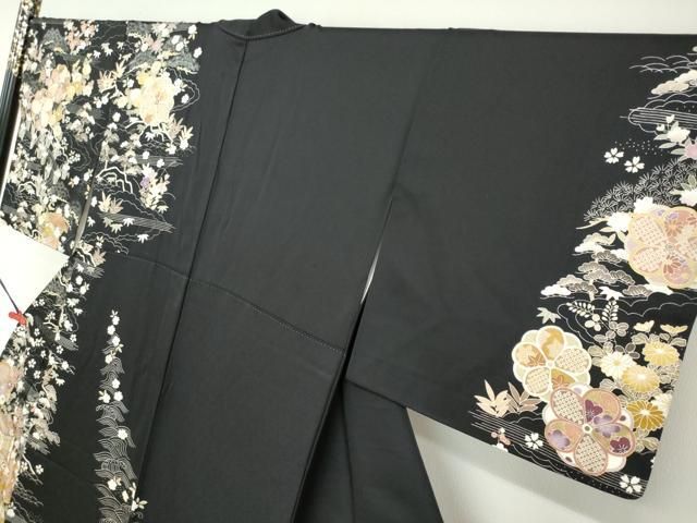 平和屋着物○訪問着 流水御所車草花文 黒地 金彩 正絹 逸品 DAAZ7653ud