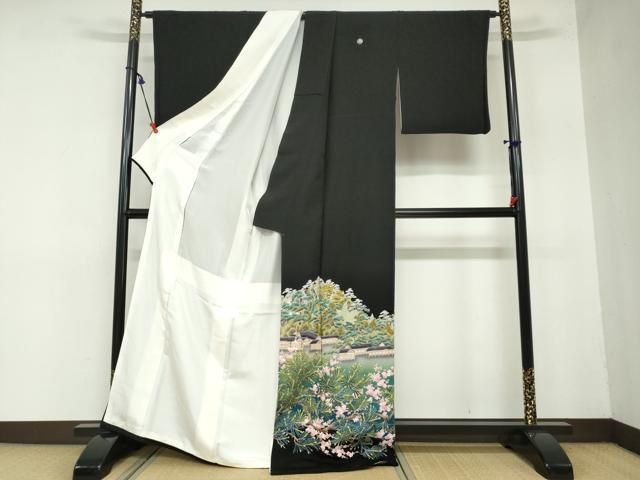 平和屋着物 豪華黒留袖 友禅 作家物 流水風景樹林文 暈し染め 正絹 ud