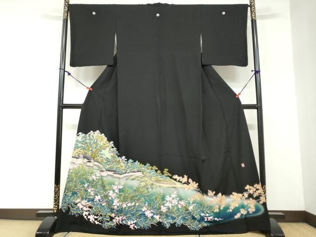 平和屋着物 豪華黒留袖 友禅 作家物 流水風景樹林文 暈し染め 正絹 ud