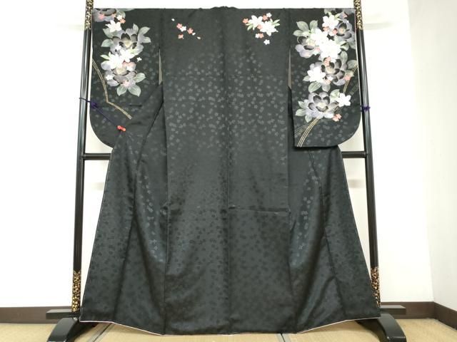 平和屋着物 小振袖 二尺袖 草花文 黒地 金彩 洗える着物 ud