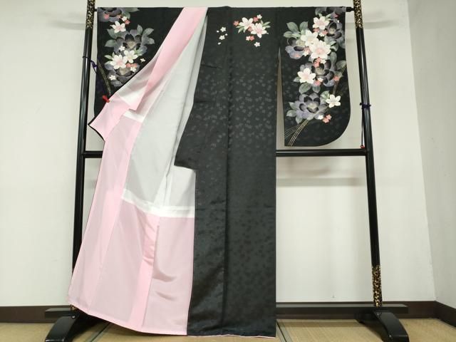 平和屋着物 小振袖 二尺袖 草花文 黒地 金彩 洗える着物 ud