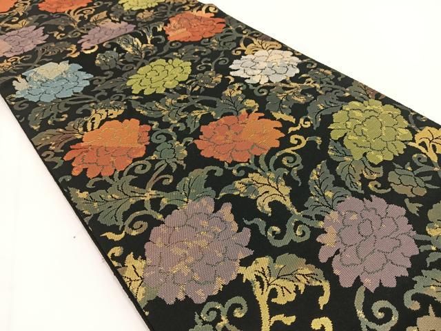 平和屋着物 西陣 服部織物謹製 六通柄袋帯 こはく錦 牡丹唐草文 黒地 金糸 引箔 正絹 yc