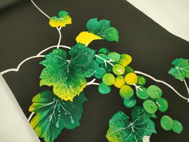 平和屋着物 塩瀬 九寸開き名古屋帯 手描き 葡萄蔦の葉文 黒地 正絹 op