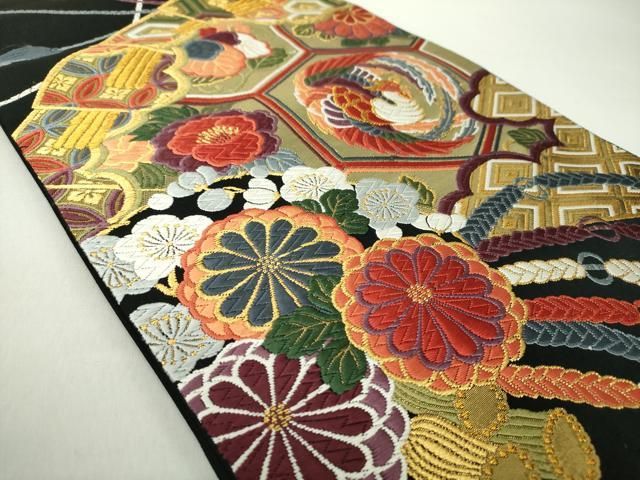 平和屋着物 六通柄袋帯 唐織 檜扇亀甲鳳凰花文 黒地 金糸 正絹 ps