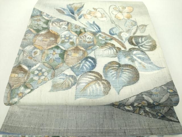 平和屋着物 太鼓柄袋帯 小千谷紬 刺繍 草花文 金糸 正絹 ps