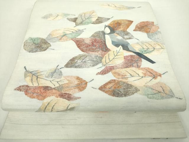 平和屋着物 太鼓柄袋帯 紬地 すくい織 休み鳥 舞葉文 正絹 ps