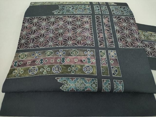 平和屋着物 京友禅作家 黒島敏 九寸名古屋帯 麻の葉花文 正絹 ps