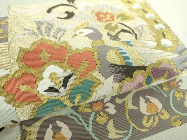 平和屋着物○爪掻き本綴れ 八寸名古屋帯 更紗花鳥文 金銀糸 正絹 逸品