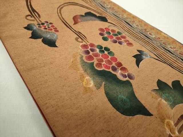 平和屋着物 名匠たかし 全通柄京袋帯 紬地 型染 絞り 葡萄唐草間道 正絹 ps