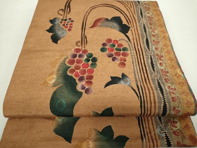 平和屋着物 名匠たかし 全通柄京袋帯 紬地 型染 絞り 葡萄唐草間道 正絹 ps