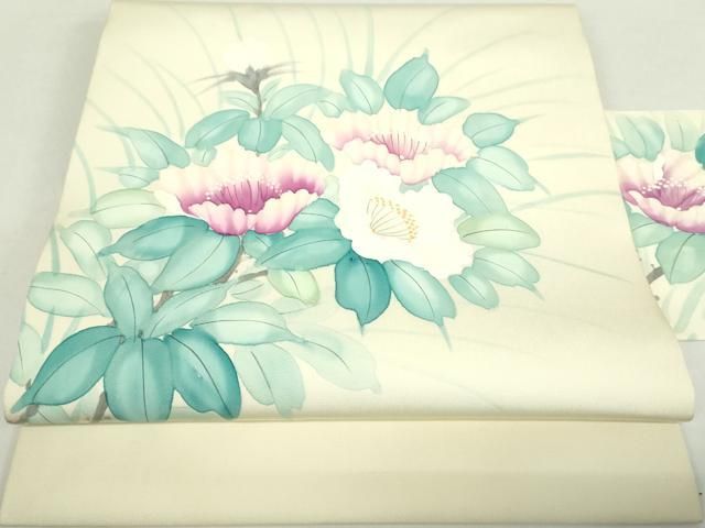 平和屋着物 内山晴祥 手描き 塩瀬 九寸名古屋帯 枝花文 正絹 ps