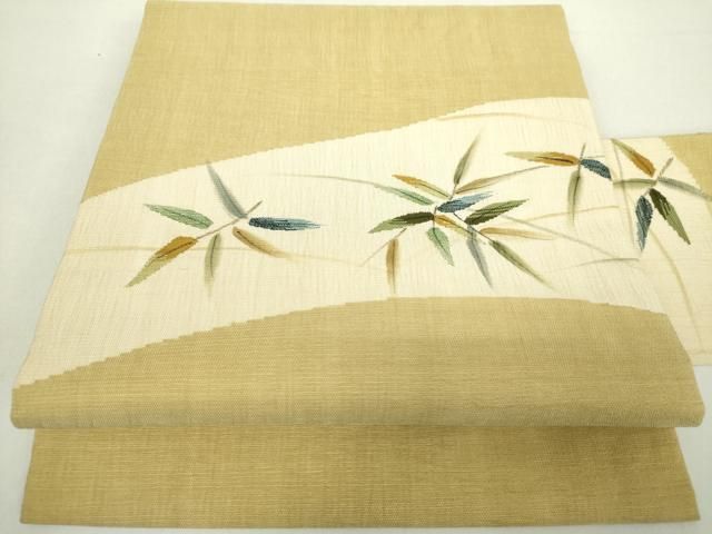 平和屋着物 九寸名古屋帯 手描き 草葉文 銀糸 正絹 ps