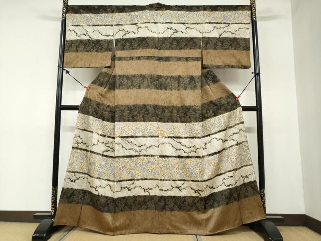 平和屋着物 訪問着 絞り 横段草花文 金彩 正絹 ud