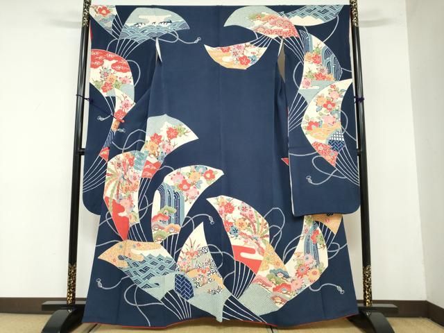 平和屋着物 和染紅型 栗山紅型 栗山吉三郎 振袖 扇面花鳥文 鬼しぼ縮緬 鈴乃屋扱い 正絹 ud