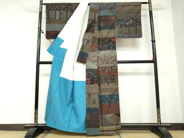 平和屋着物 小千谷紬 横段草花文 百柄 正絹 ud