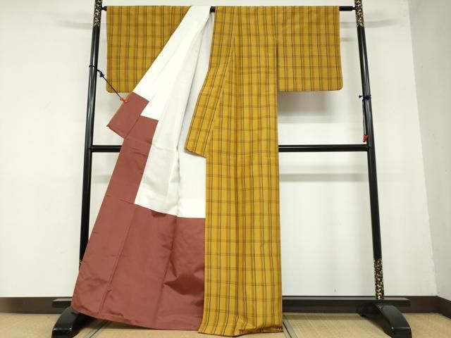 平和屋着物○本場黄八丈 平織 紬 格子 正絹 逸品 DAAZ7517ud - メルカリ