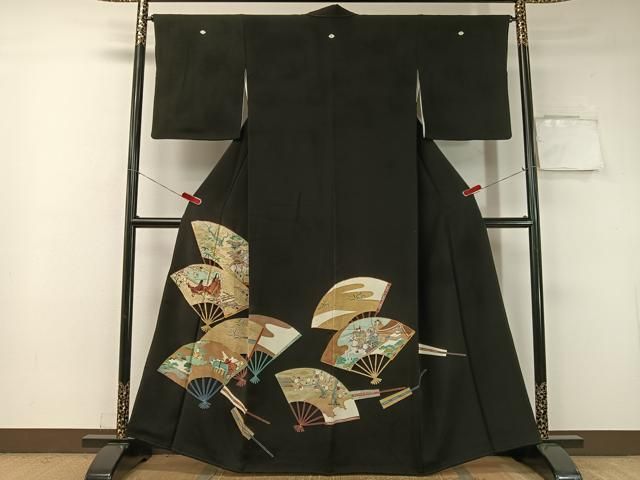 平和屋着物 染刺工芸 大羊居 東京友禅 黒留袖 刺繍 手描き 扇面平安人物風景文 金彩 松坂屋扱い 正絹 vp