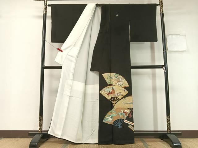 平和屋着物 染刺工芸 大羊居 東京友禅 黒留袖 刺繍 手描き 扇面平安人物風景文 金彩 松坂屋扱い 正絹 vp