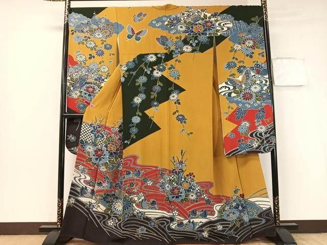 平和屋着物 豪華振袖 型染め 流水鴛鴦花文 正絹 vp
