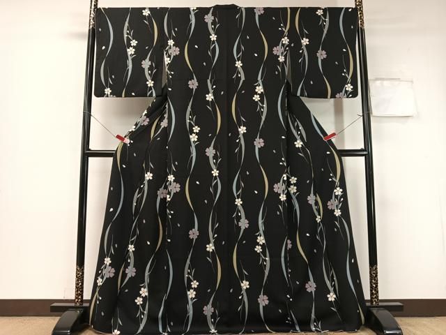 平和屋着物 小紋 枝垂れ桜 黒地 洗える着物 vp