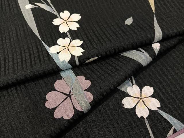 平和屋着物 小紋 枝垂れ桜 黒地 洗える着物 vp